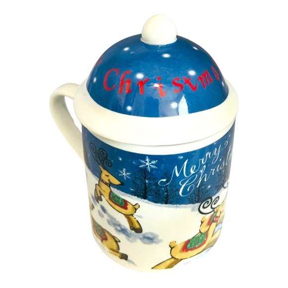 Set of TWO MSI Ceramic Christmas Hot Cocoa Coffee Mugs W/ Lids Vintage Ceramic - Picture 3 of 13